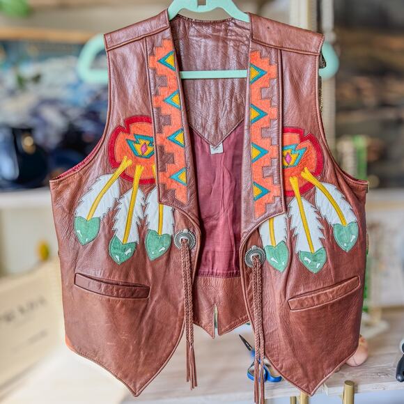 Arturo by Burray Olson Genuine Leather Vest Southwestern/Native American Motif - Picture 1 of 9